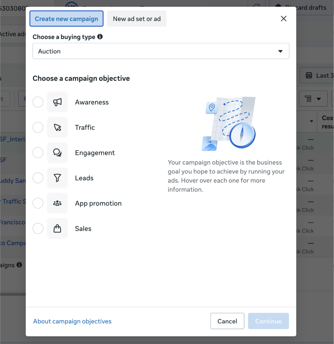 Meta's campaign objective screen: Awareness, Traffic, Engagement, Leads, App promotion, Sales