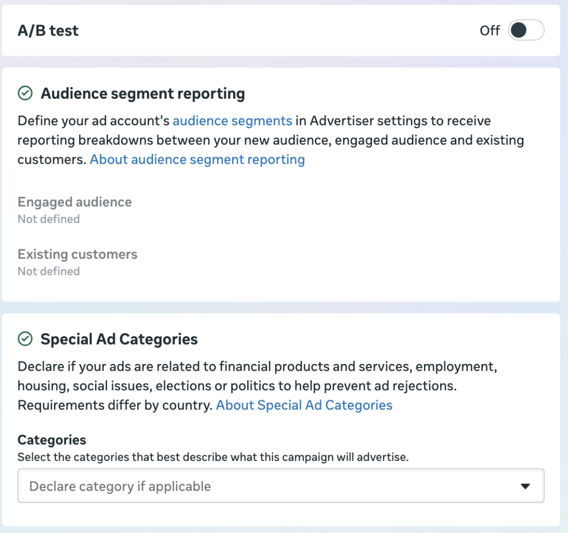 Audience segment reporting and Special Ad Categories screens
