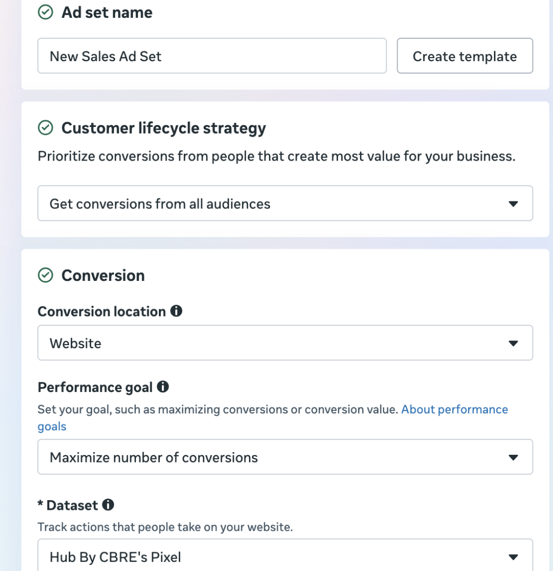 Ad set configuration: customer lifecycle strategy, conversion location, performance goal, dataset