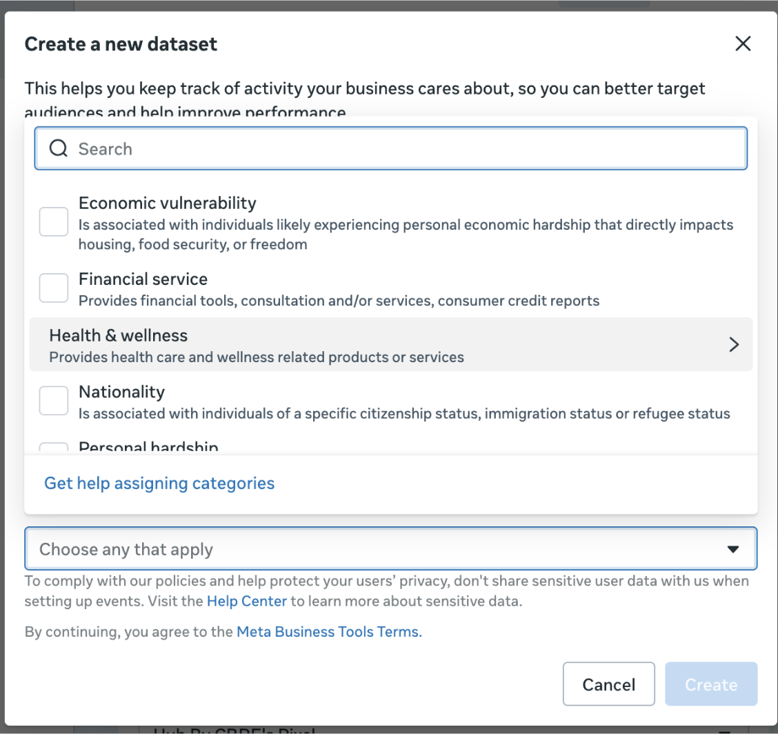 Create a new dataset dialog, with a list of sensitive categories including economic vulnerability, financial service, health and wellness, nationality, personal hardship