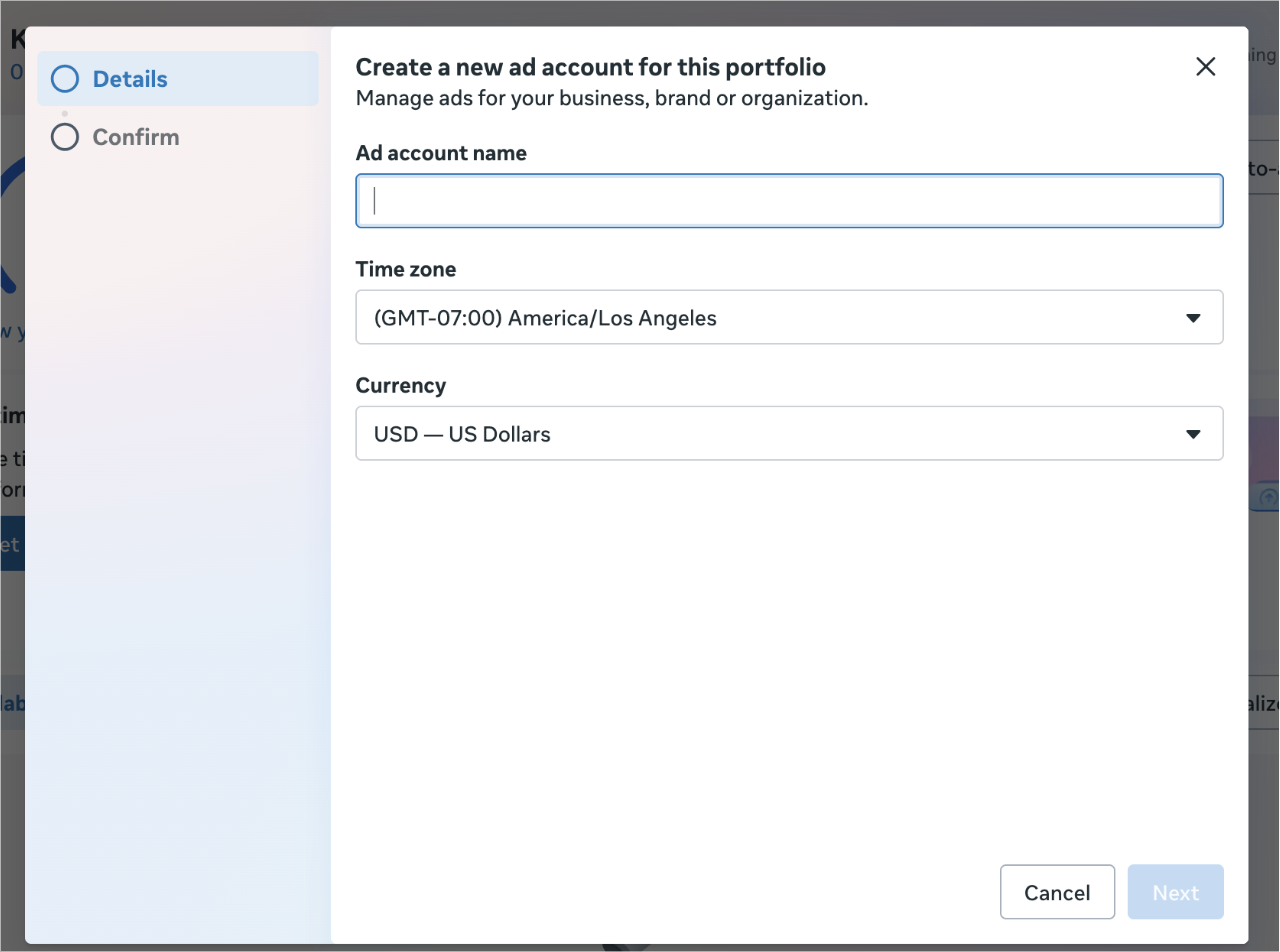 Create a new ad account for this portfolio: name, time zone, currency
